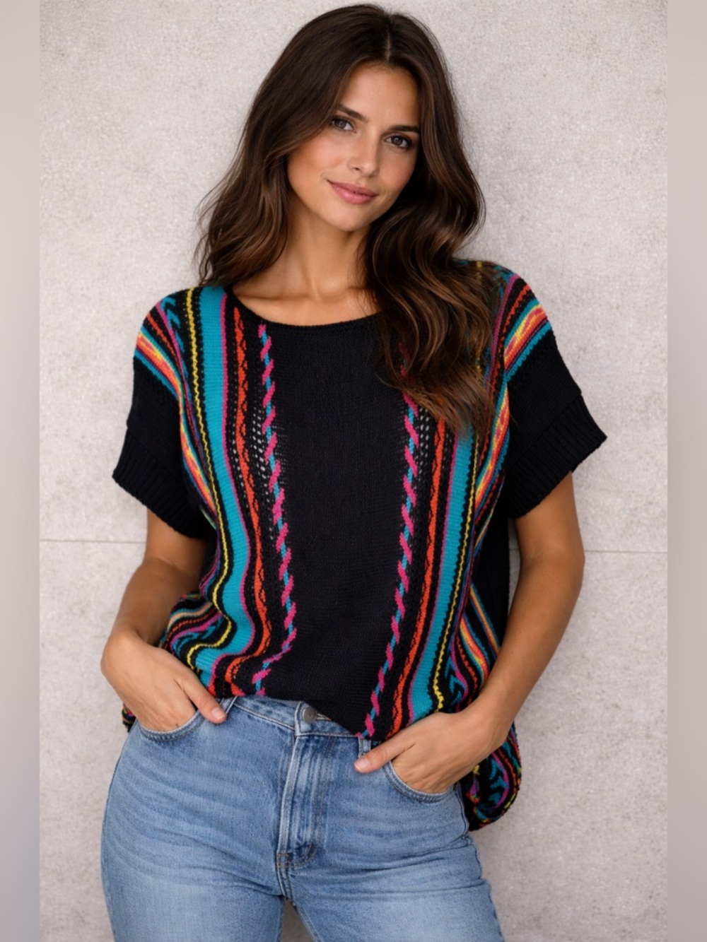 Vintage Kenneth Too! Sweater Medium Black Bright Knit Boho Retro 80s Pattern Top